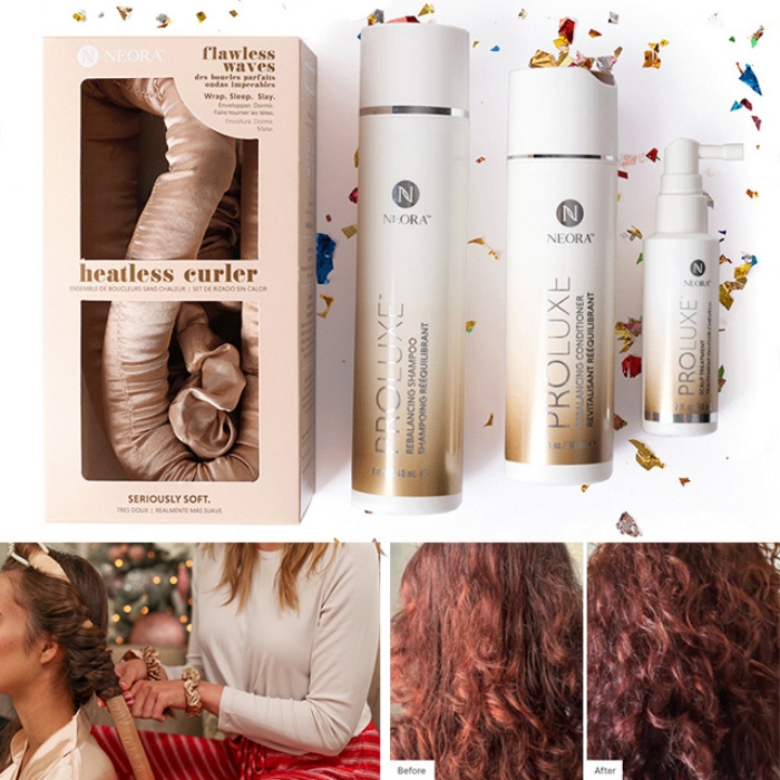 ProLuxe Holiday Set, including shampoo, conditioner and scalp treatment, with Free Heatless Curler Set with a before and after photos using the products.
